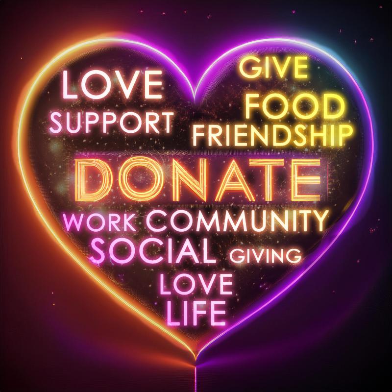 Word cloud heart with words "DONATE", and more
