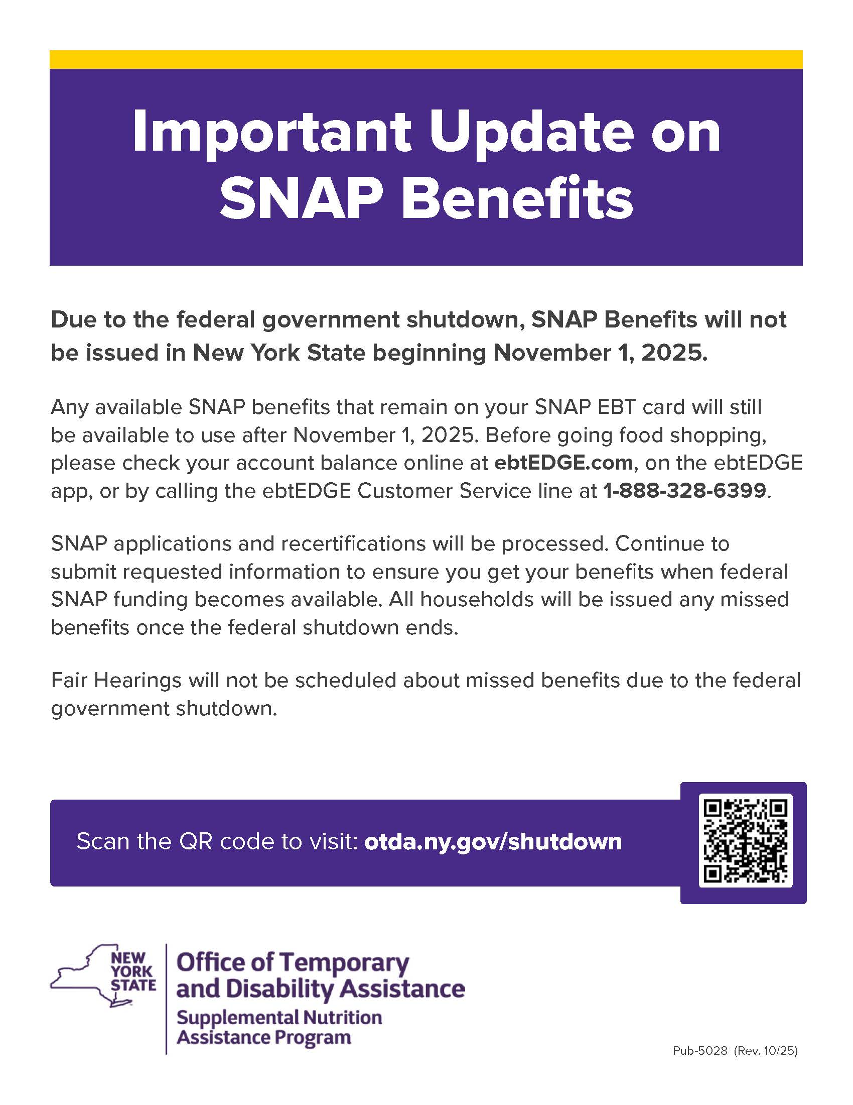 Flyer from OTDA regarding SNAP benefits