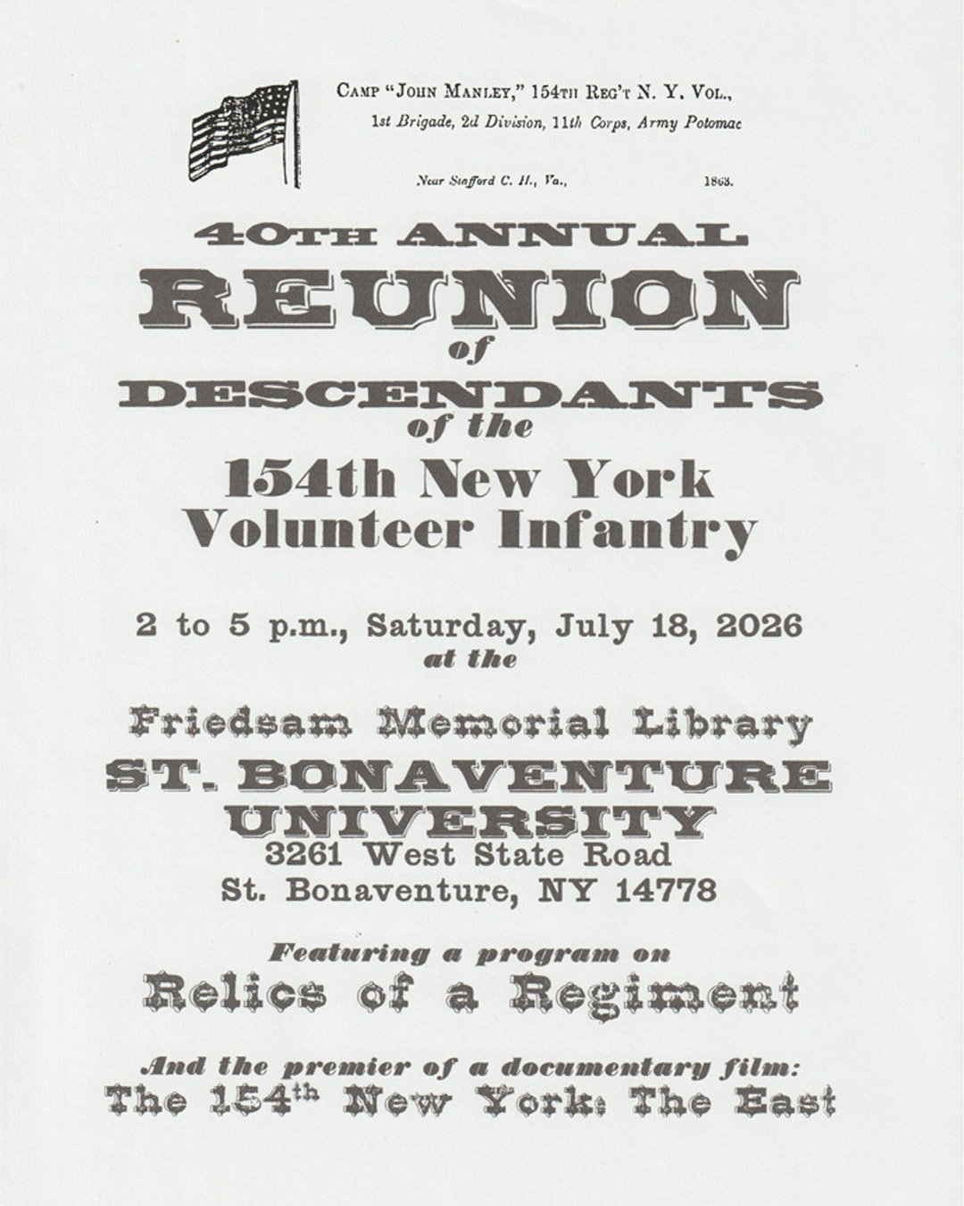 Poster about the 40th Reunion Event at St. Bonaventure University on July 18, 2026