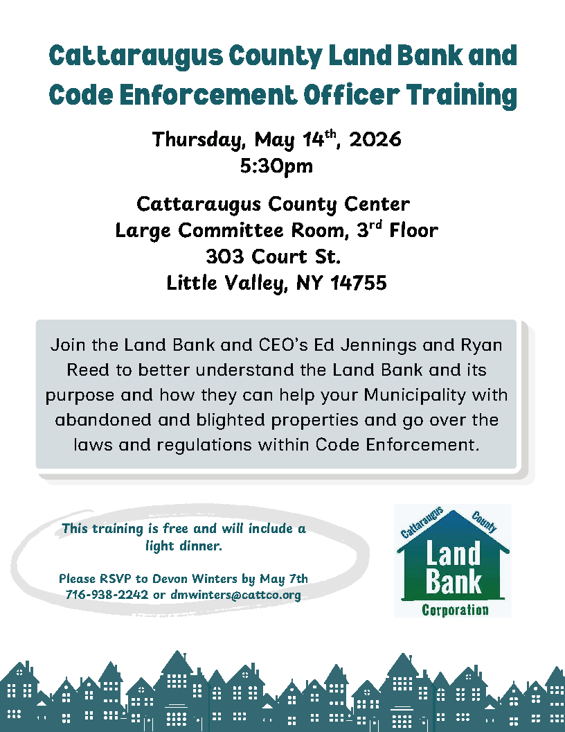 Preview of flyer for Land Bank and Code Enforcement Officer training on May 14, 2026