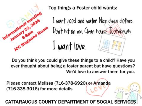 Foster parent informational post card with date and time