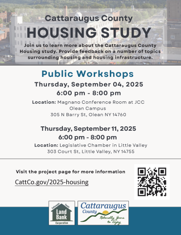 Flyer for Public Workshops in September 2025 for the Cattaraugus County Housing Study