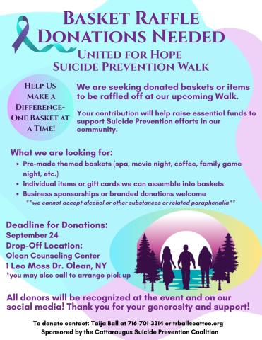 Poster for Basket Raffle Donations Needed for 2026 United for Hope: Suicide Prevention Walk